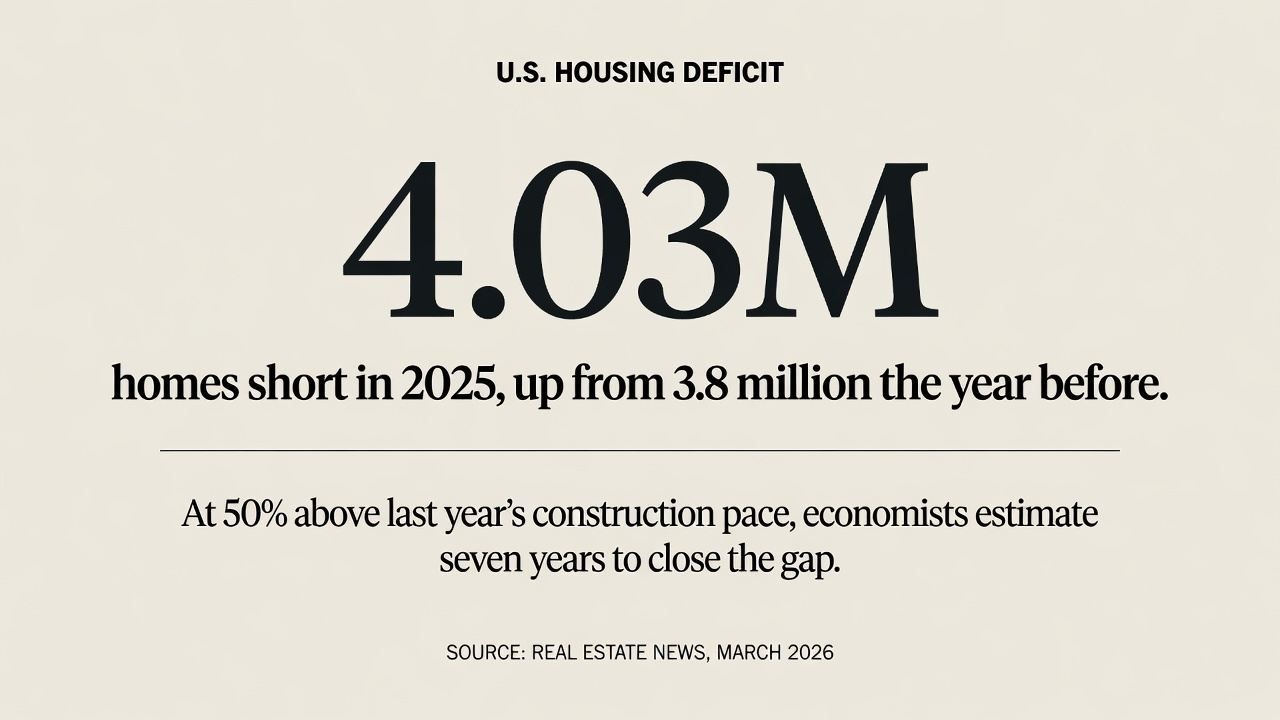 Editorial card showing the U.S. housing deficit reached 4.03 million homes in 2025, up from 3.8 million the year before, with economists estimating seven years to close the gap at 50% above current construction pace