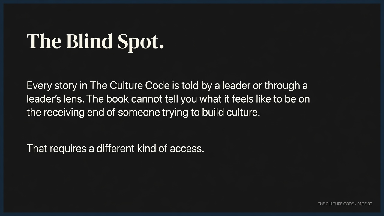 Typographic card featuring the structural blind spot in The Culture Code: every story is told from the leader's perspective, never from the perspective of the people being led