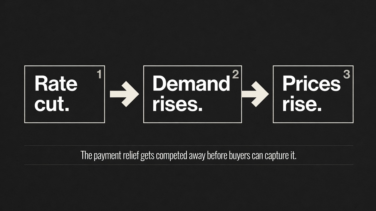 Typographic data card illustrating the rate cut mechanism: rate cut leads to demand rise leads to price rise, with the affordability gain competed away