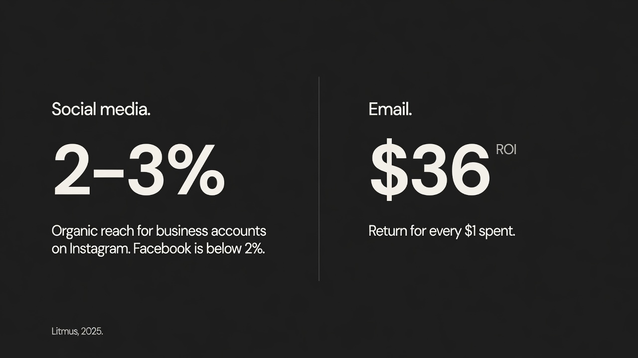 Typographic data card comparing 2 to 3 percent Instagram organic reach against $36 email marketing return per dollar spent