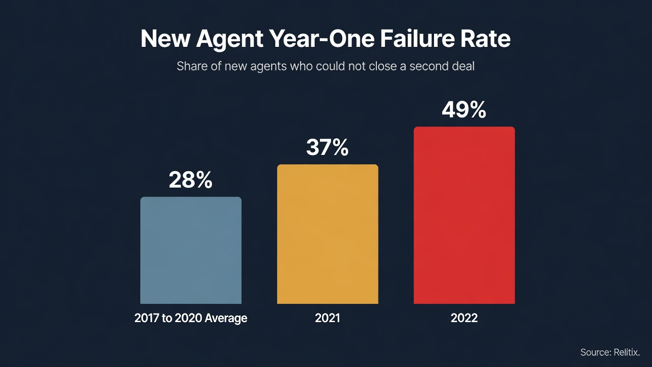 Bar chart titled New Agent Year-One Failure Rate showing 28 percent average from 2017 to 2020 rising to 37 percent in 2021 and 49 percent in 2022, source Relitix