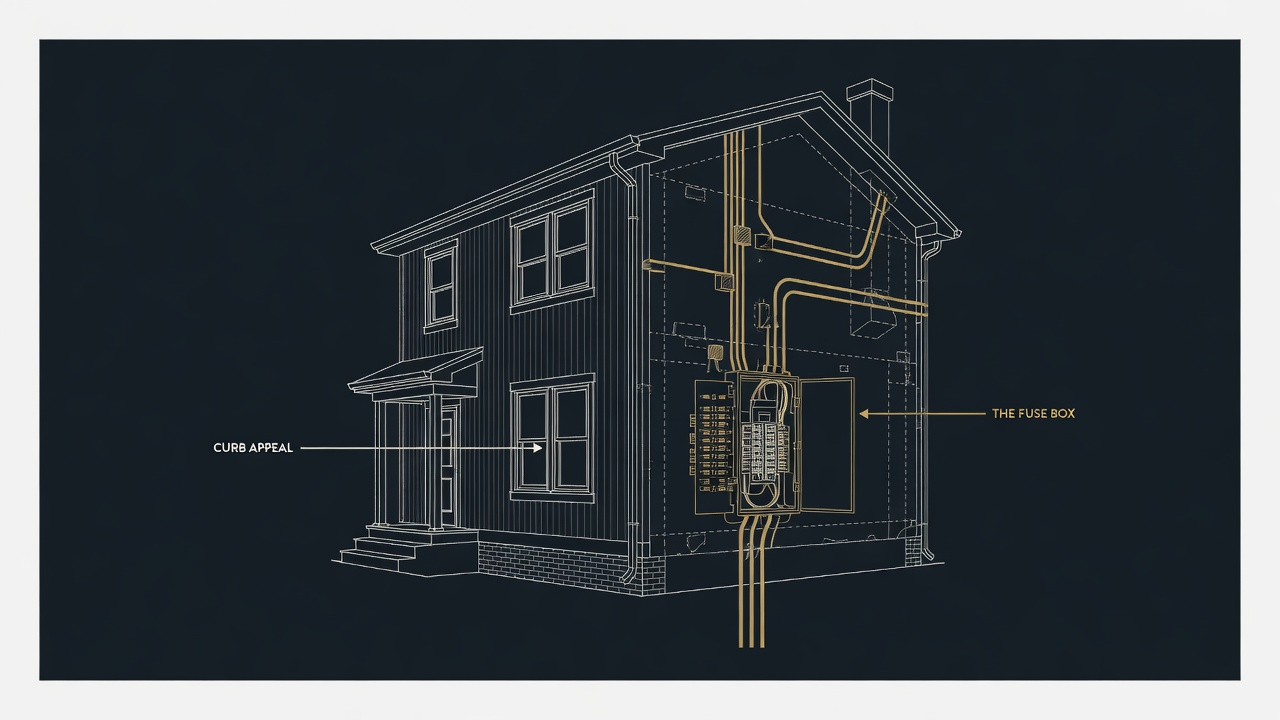Architectural elevation drawing showing a house facade with internal wiring and fuse box visible through the walls, labeled Curb Appeal on the exterior and The Fuse Box on the interior wiring