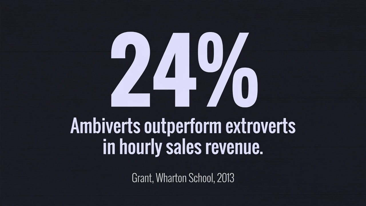 Typographic data card: ambiverts outperform extroverts by 24 percent in hourly sales revenue, Grant, Wharton School, 2013