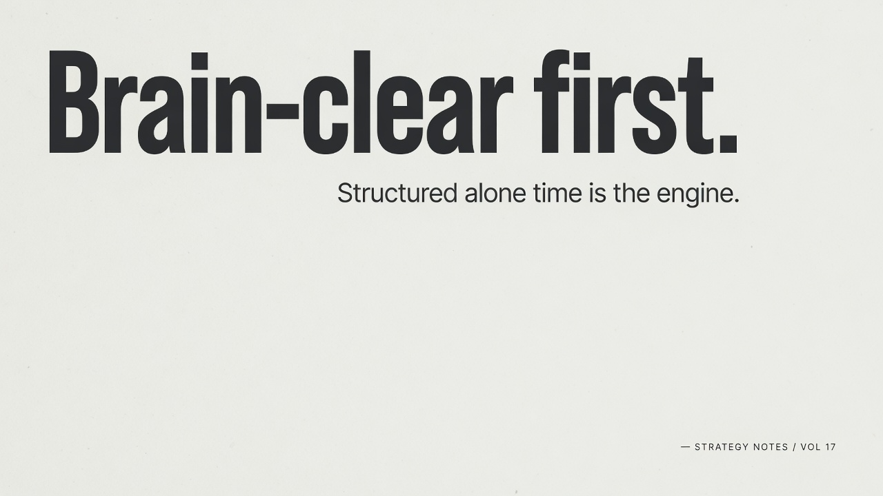 Typographic card: Brain-clear first. Structured alone time is the engine.
